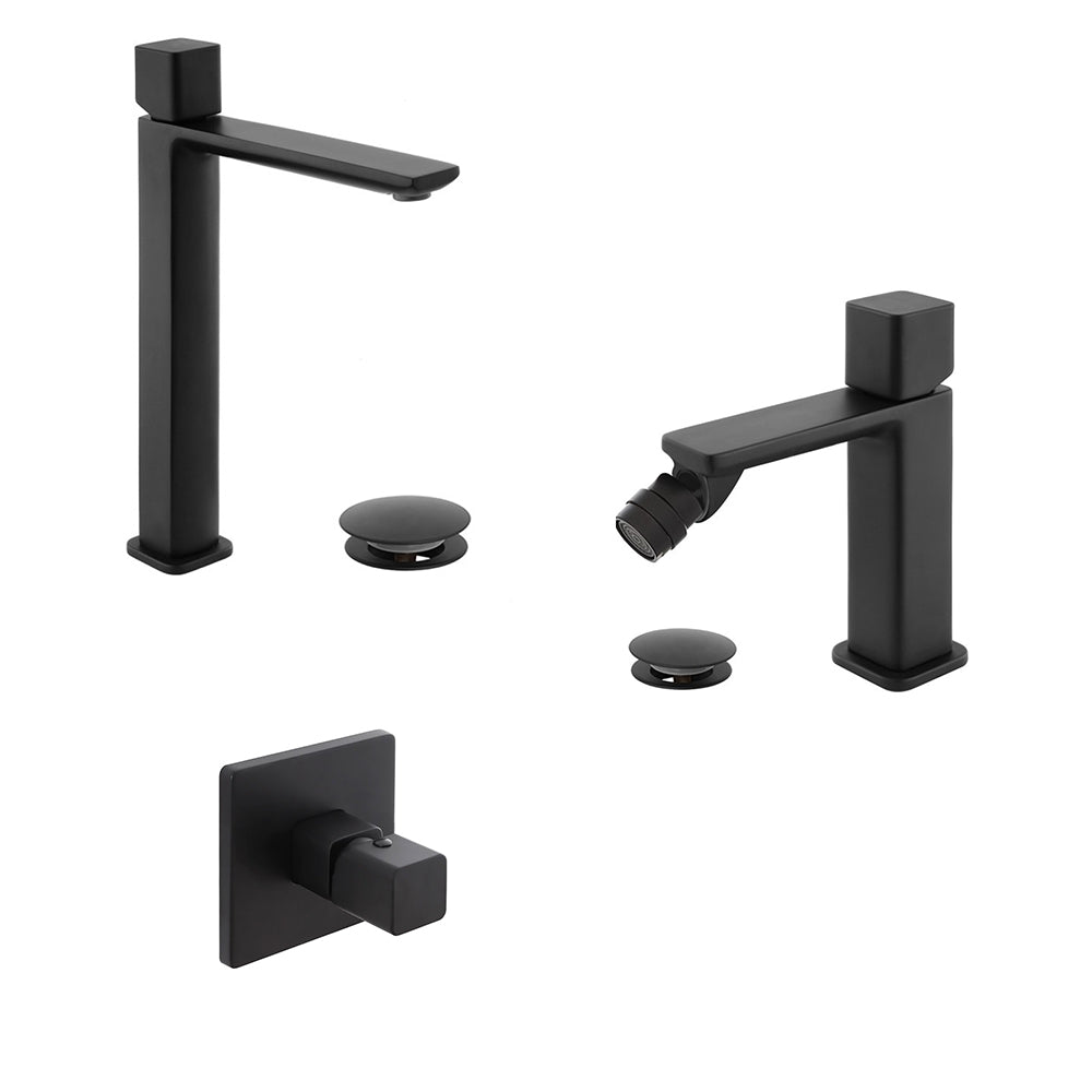 Kit miscelatore lavabo alto + bidet + doccia a una via RubiFlux serie Lilium Modello Black con piletta clic-clac - Nero Opaco