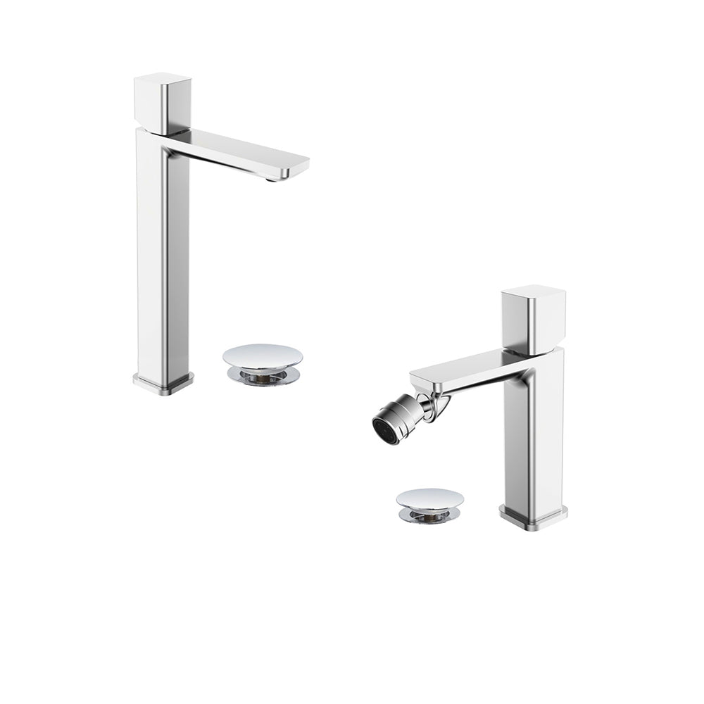 Kit miscelatore lavabo alto + bidet RubiFlux serie Lilium Modello Chrome con piletta clic-clac in acciaio inox - Cromato lucido