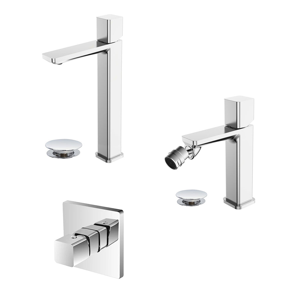 Kit miscelatore lavabo alto + bidet + doccia a una via RubiFlux serie Lilium Modello Chrome con piletta clic-clac in acciaio inox - Cromato lucido