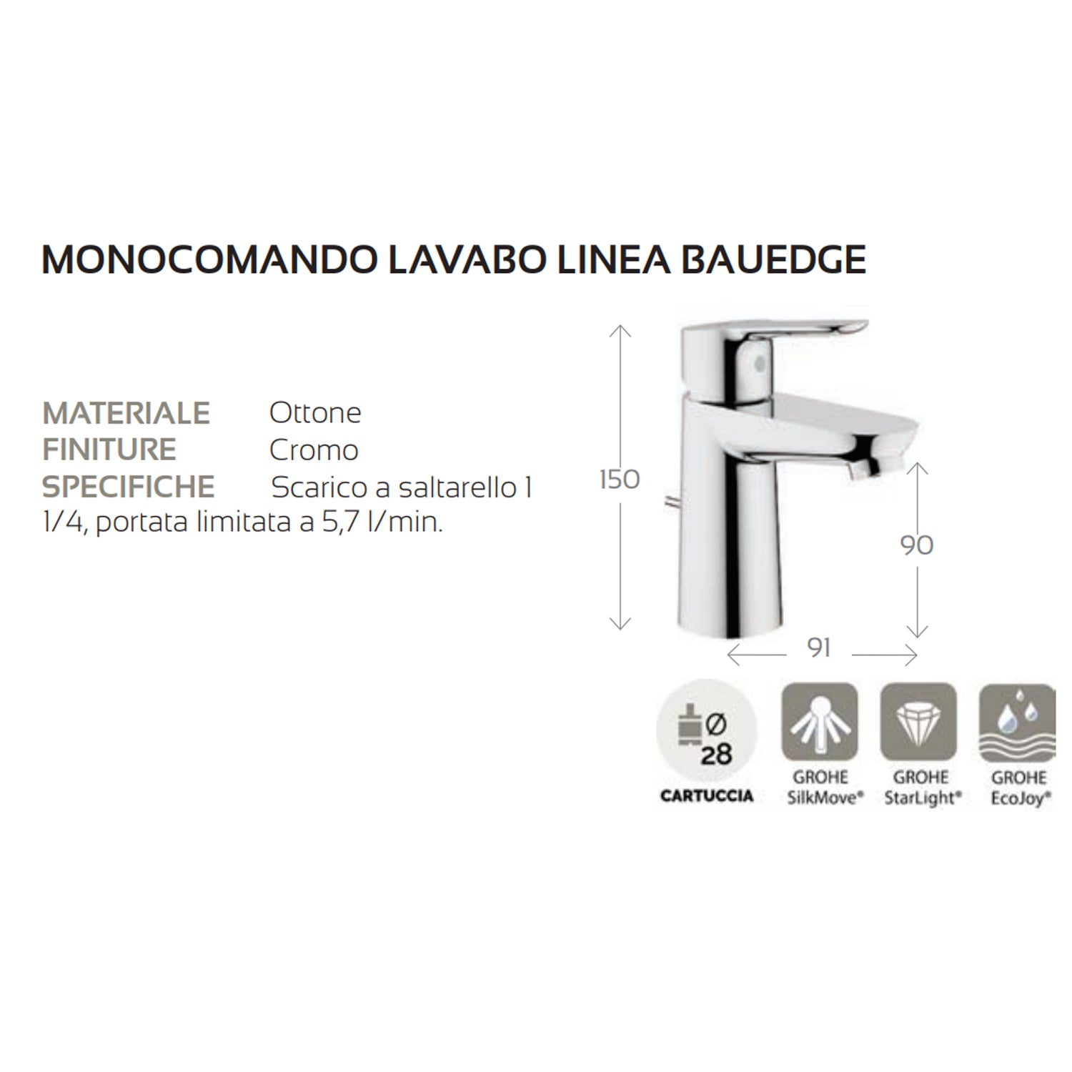 Miscelatore monocomando lavabo Grohe linea Bauedge cartuccia a dischi ceramici da 28 mm by CeramicStore | Lo specialista del tuo bagno