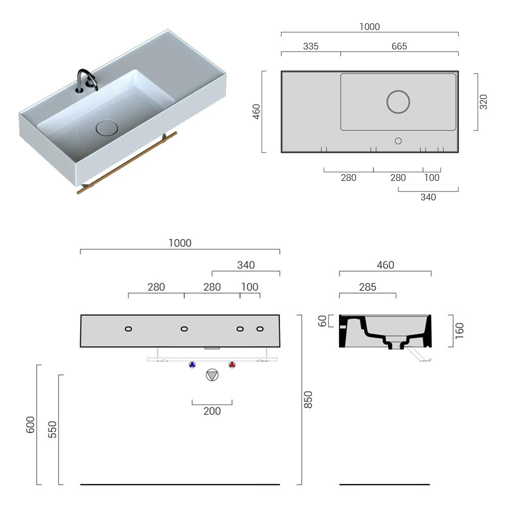 Lavabo lavatrucco vasca a sinistra Domus Falerii 100x46 cm installazione sospesa o da appoggio by CeramicStore | Lo specialista del tuo bagno