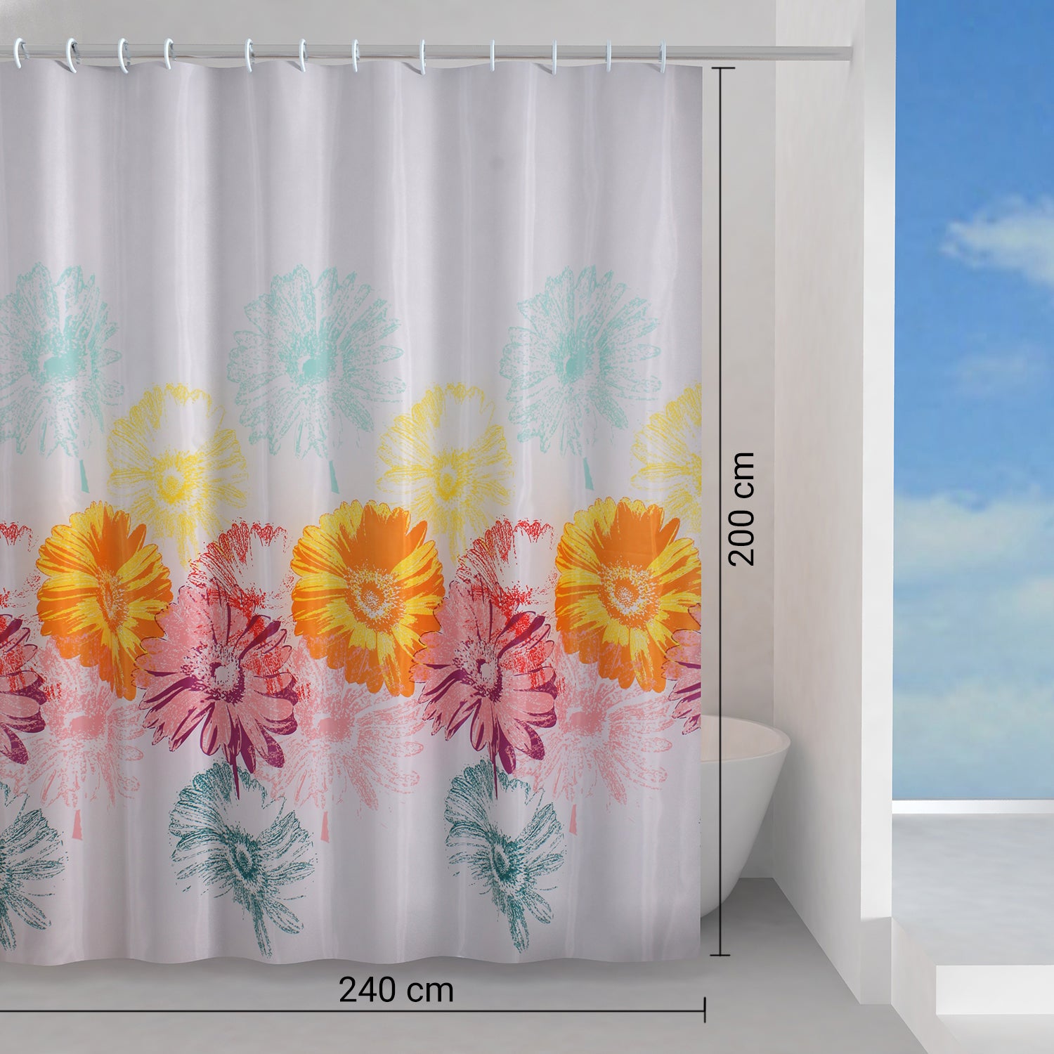 Tenda doccia in tessuto 240x200 cm modello Frenesia di Gedy - Rosa/Giallo/Turchese by CeramicStore | Lo specialista del tuo bagno
