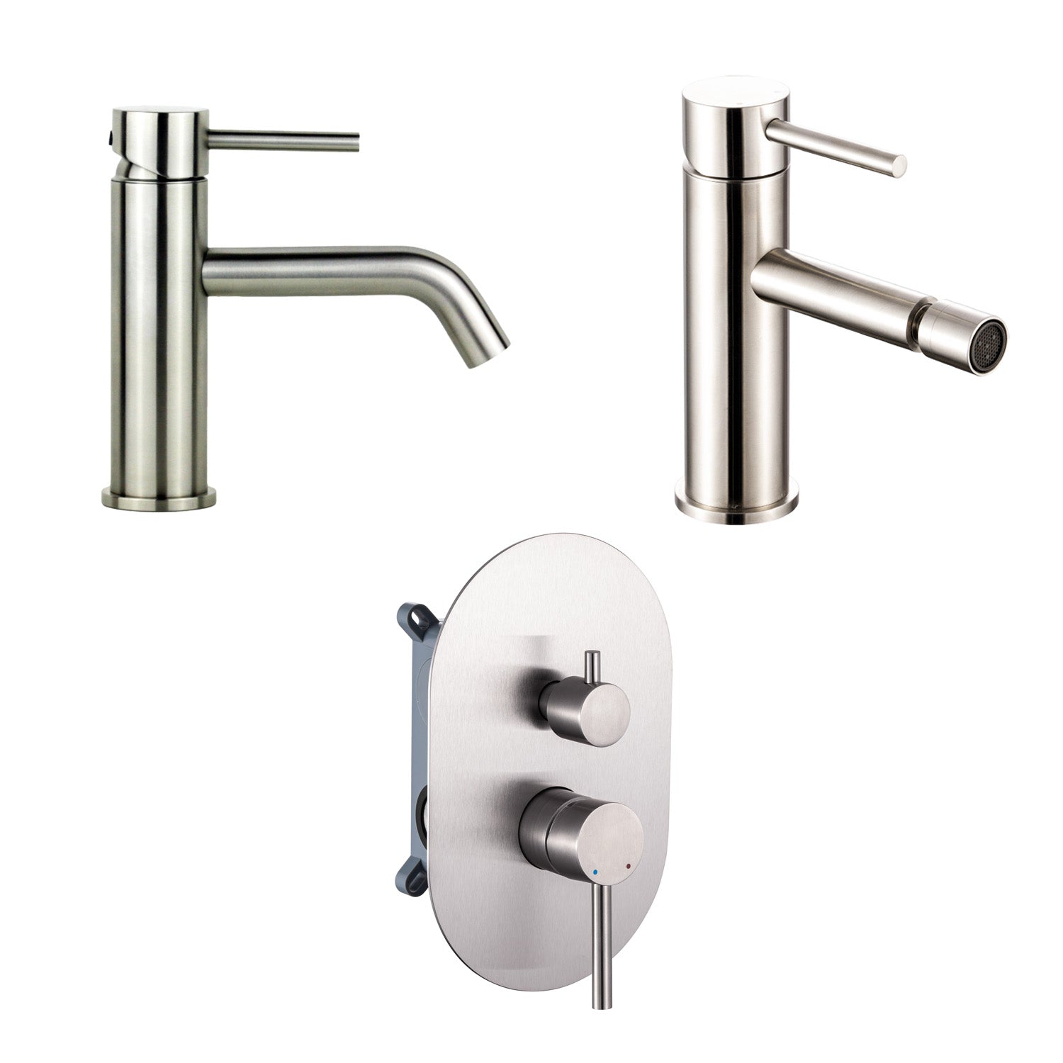 Composizione di miscelatori per lavabo, bidet e doccia a 2 vie serie TriaSix in acciaio 316 spazzolato by CeramicStore | Lo specialista del tuo bagno