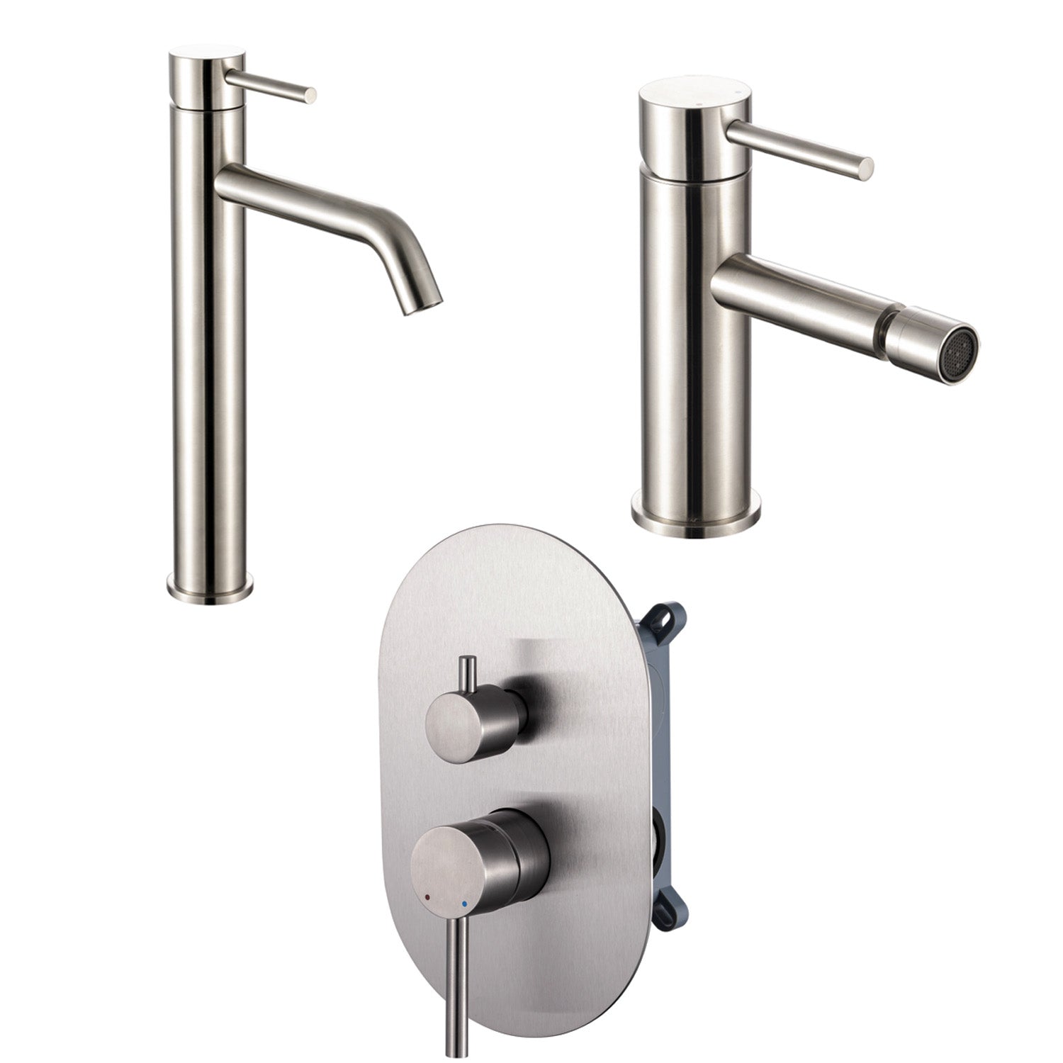 Composizione di miscelatori per lavabo alto, bidet e doccia a 2 vie serie TriaSix in acciaio 316 spazzolato by CeramicStore | Lo specialista del tuo bagno