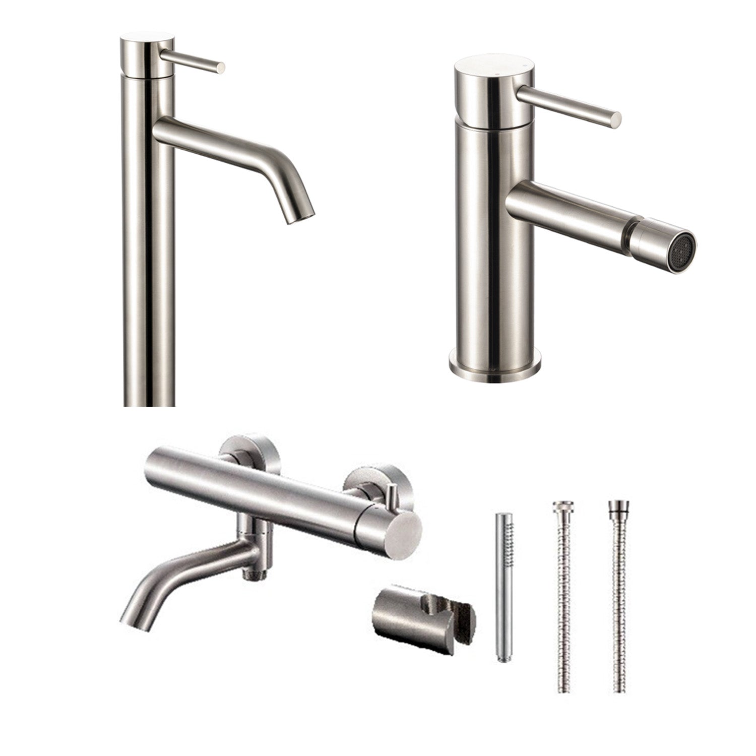 Composizione di miscelatori per lavabo alto, bidet e vasca serie TriaSix in acciaio 316 spazzolato by CeramicStore | Lo specialista del tuo bagno