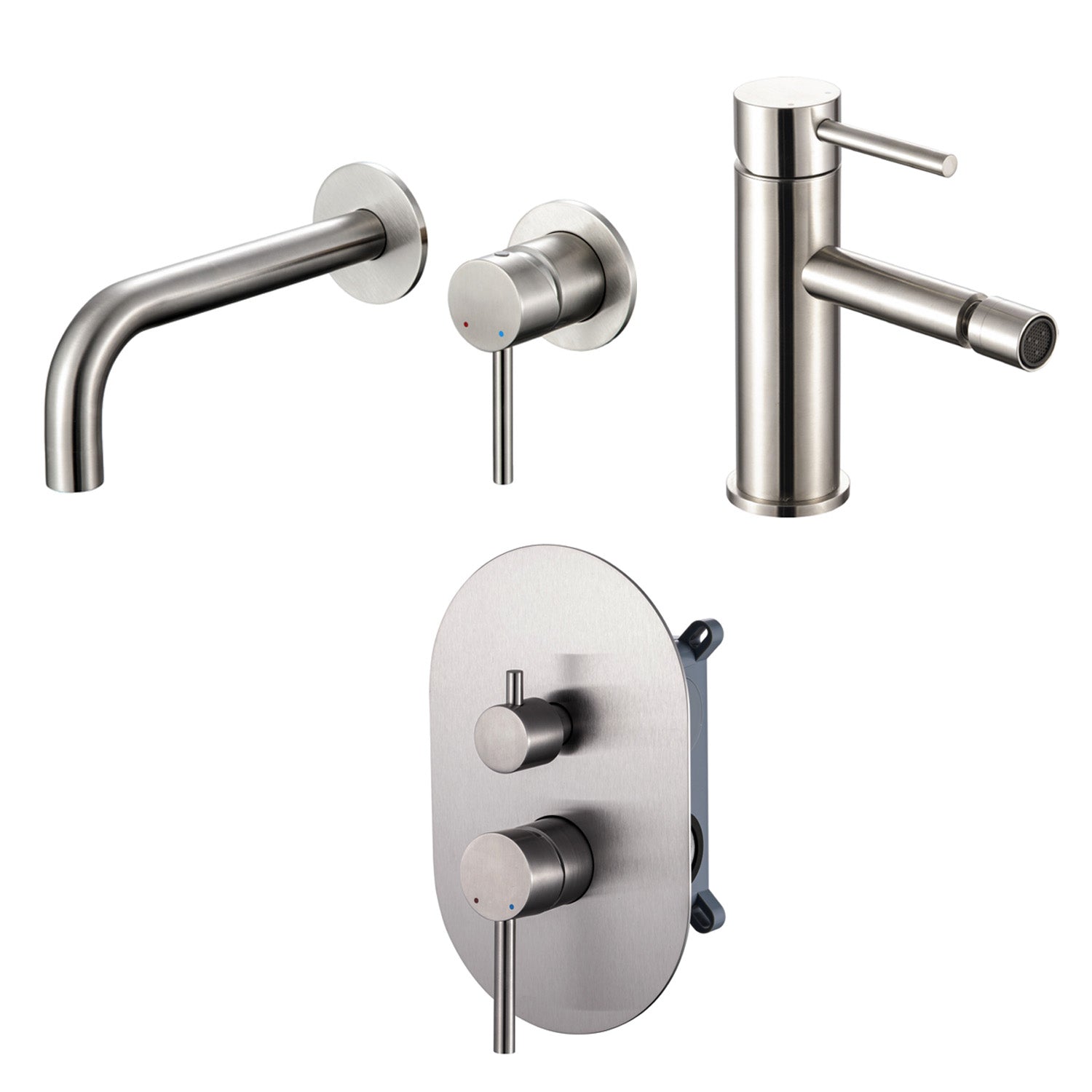 Composizione di miscelatori per lavabo incasso, bidet e doccia a 2 vie serie TriaSix in acciaio 316 spazzolato by CeramicStore | Lo specialista del tuo bagno