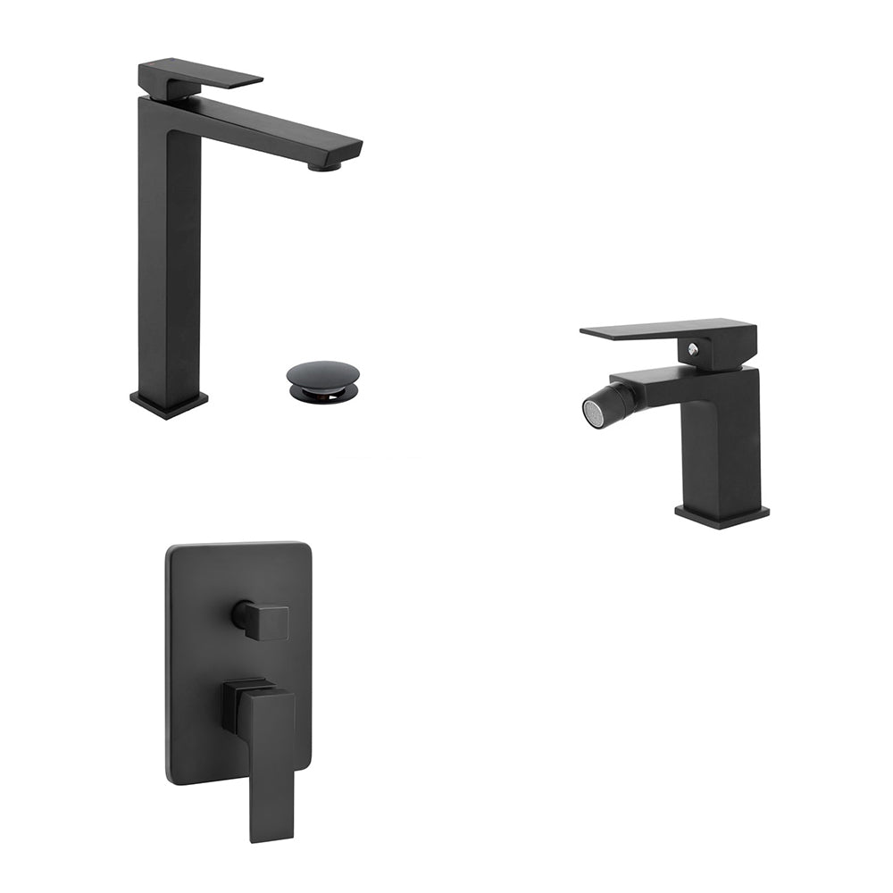 Kit miscelatore lavabo alto, bidet e doccia a due vie RubiFlux serie Arkon con scarico clic-clac - Nero Opaco