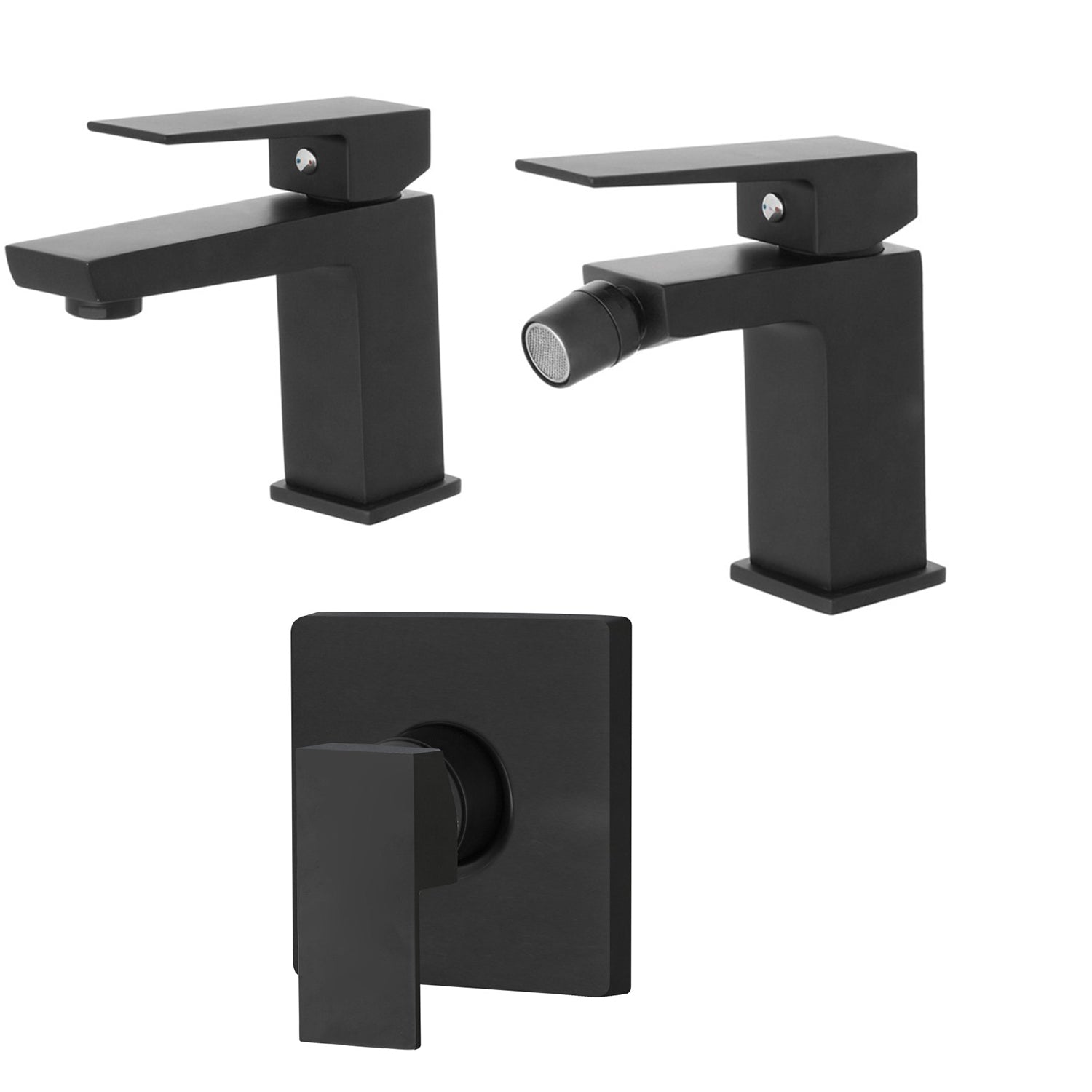 Kit miscelatore lavabo, bidet e doccia a due vie RubiFlux serie Arkon con scarico clic-clac - Nero Opaco