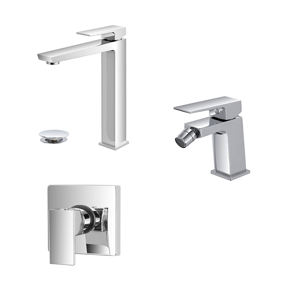 Kit miscelatore lavabo alto, bidet e doccia a una via RubiFlux serie Arkon con scarico clic-clac - Cromo