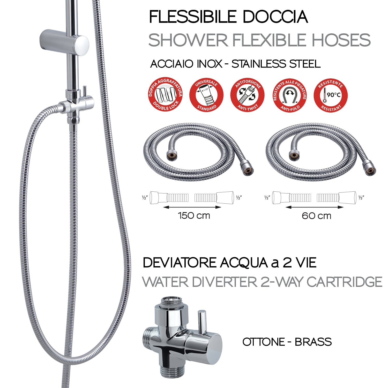 Colonna doccia regolabile con soffione tondo e doccetta a 3 getti di Gedy modello Easy 01 - Cromato/Bianco by CeramicStore | Lo specialista del tuo bagno