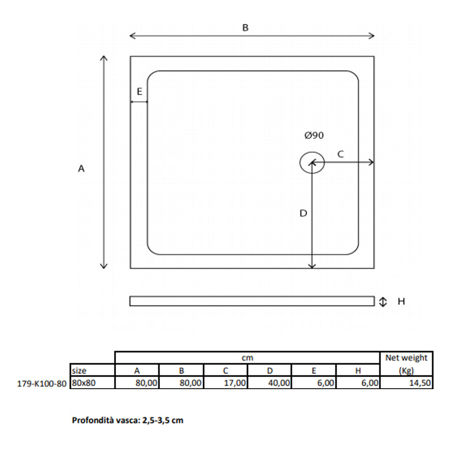 Piatto doccia quadrato Kepler 80x80 h.6 cm in acrilico rinforzato senza piletta by CeramicStore | Lo specialista del tuo bagno