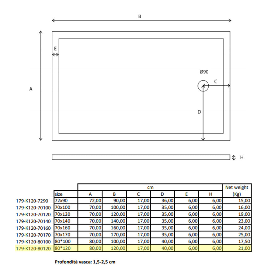 Piatto doccia rettangolare Kepler 80x120 h.6 cm in acrilico rinforzato senza piletta by CeramicStore | Lo specialista del tuo bagno
