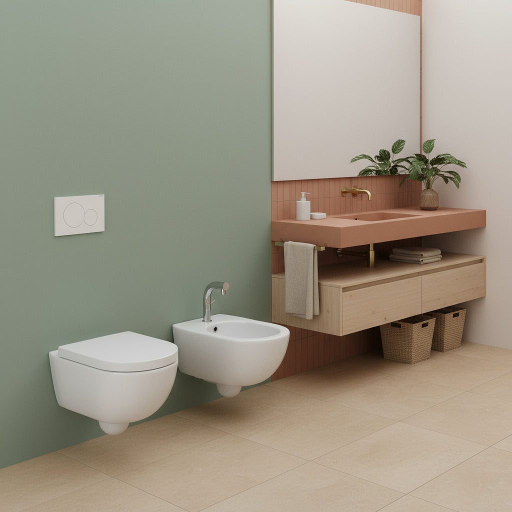 Sanitari sospesi senza brida Althea Cover in ceramica bianca wc+ bidet + sedile soft close slim