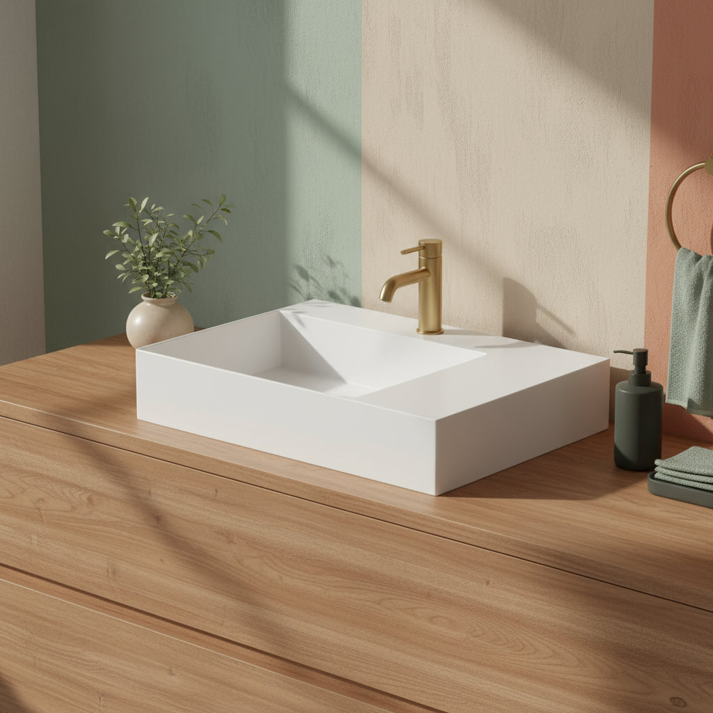 Lavabo da appoggio/sospeso squadrato di Ceramica Azzurra serie Elegance 65x45 cm con piano a destra e foro rubinetteria