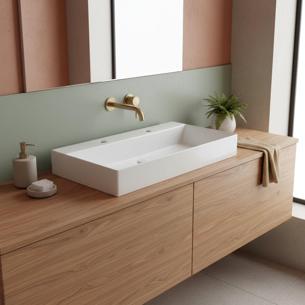 Lavabo da appoggio/sospeso squadrato Ceramica Azzurra Elegance 102x45 cm con doppio foro rubinetteria