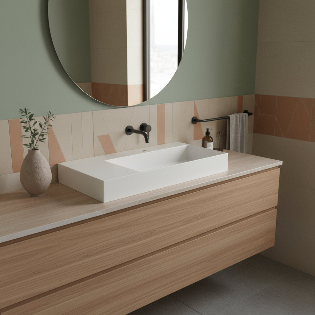 Lavabo da appoggio/sospeso squadrato di Ceramica Azzurra serie Elegance 102x46 cm con piano a sinistra e foro rubinetteria