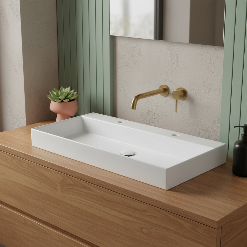 Lavabo da appoggio/sospeso squadrato Ceramica Azzurra Elegance 122x45 cm con fori rubinetteria