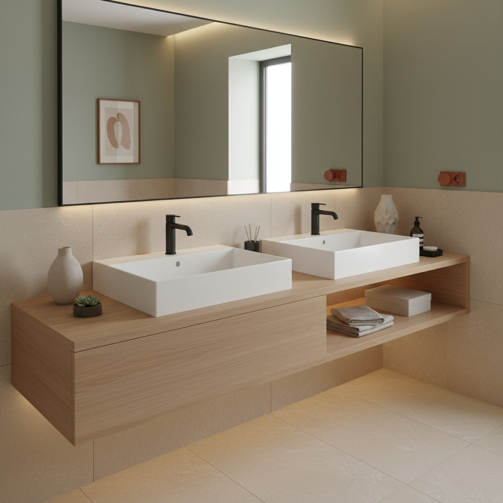 Lavabo da appoggio/sospeso squadrato con doppia vasca Ceramica Azzurra Elegance 122x45 cm