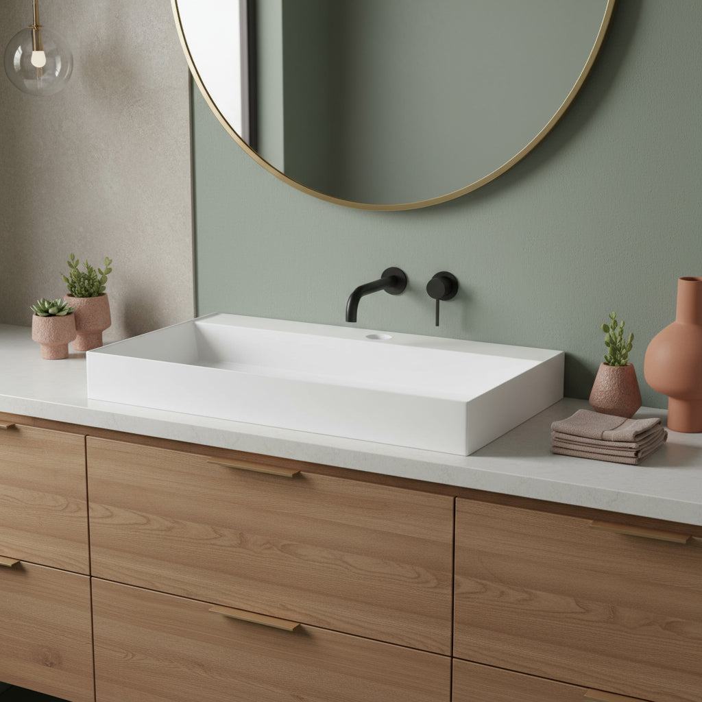 Lavabo da appoggio/sospeso squadrato di Ceramica Azzurra serie Elegance 122x46 cm con piano a sinistra e foro rubinetteria