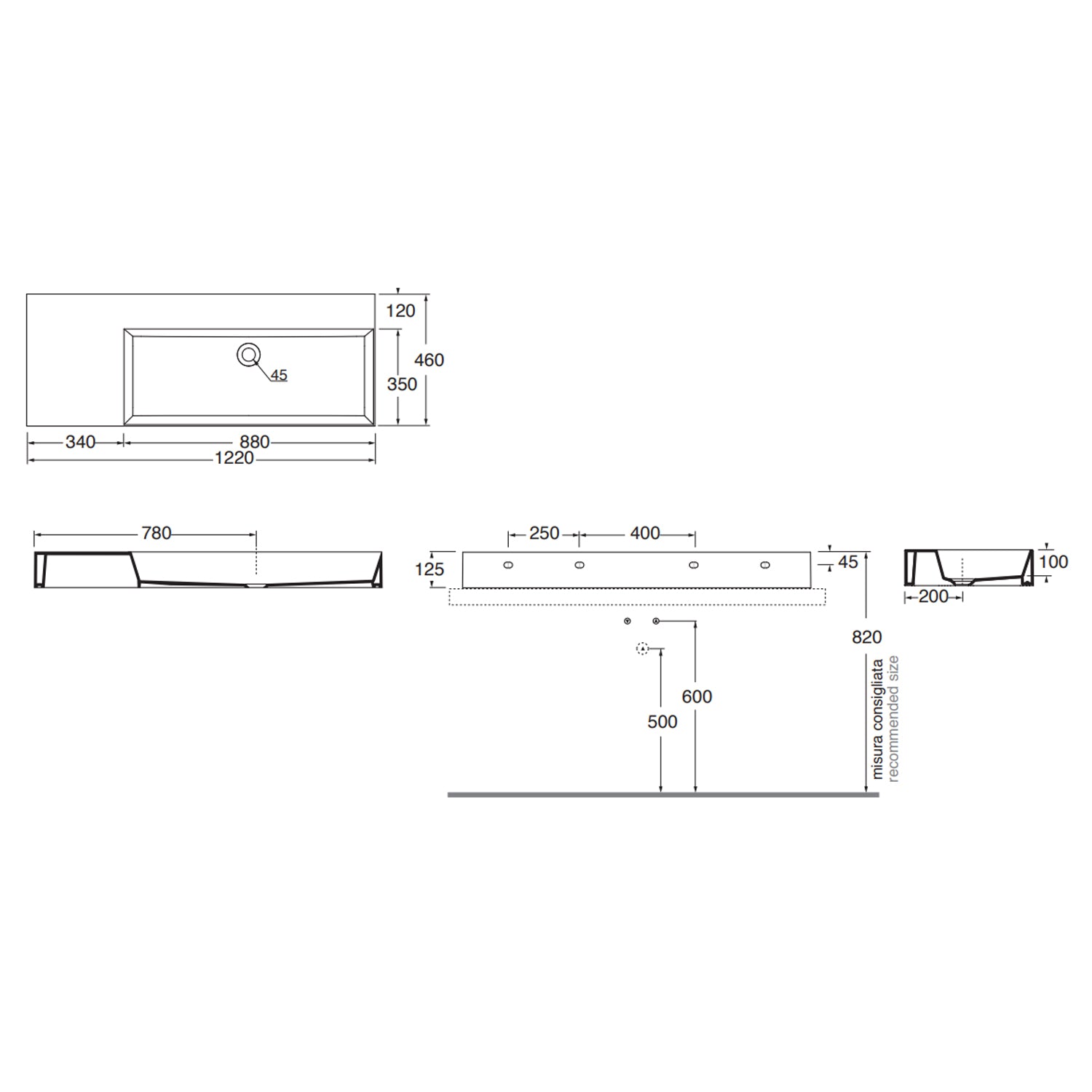 Lavabo da appoggio/sospeso squadrato di Ceramica Azzurra serie Elegance 122x46 cm con piano a sinistra