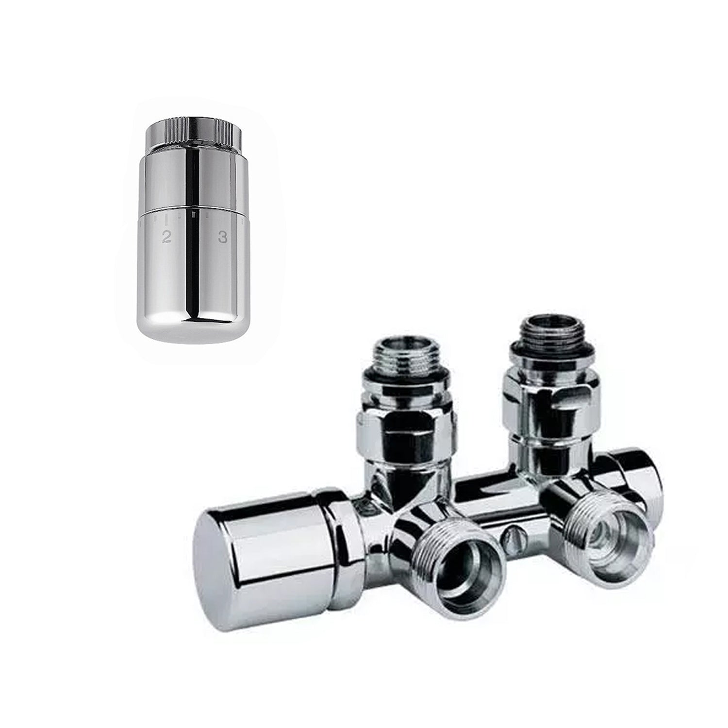 Kit con valvola termostatizzabile e detentore a squadra con attacchi 50 e testa termostatica - Cromo by CeramicStore | Lo specialista del tuo bagno