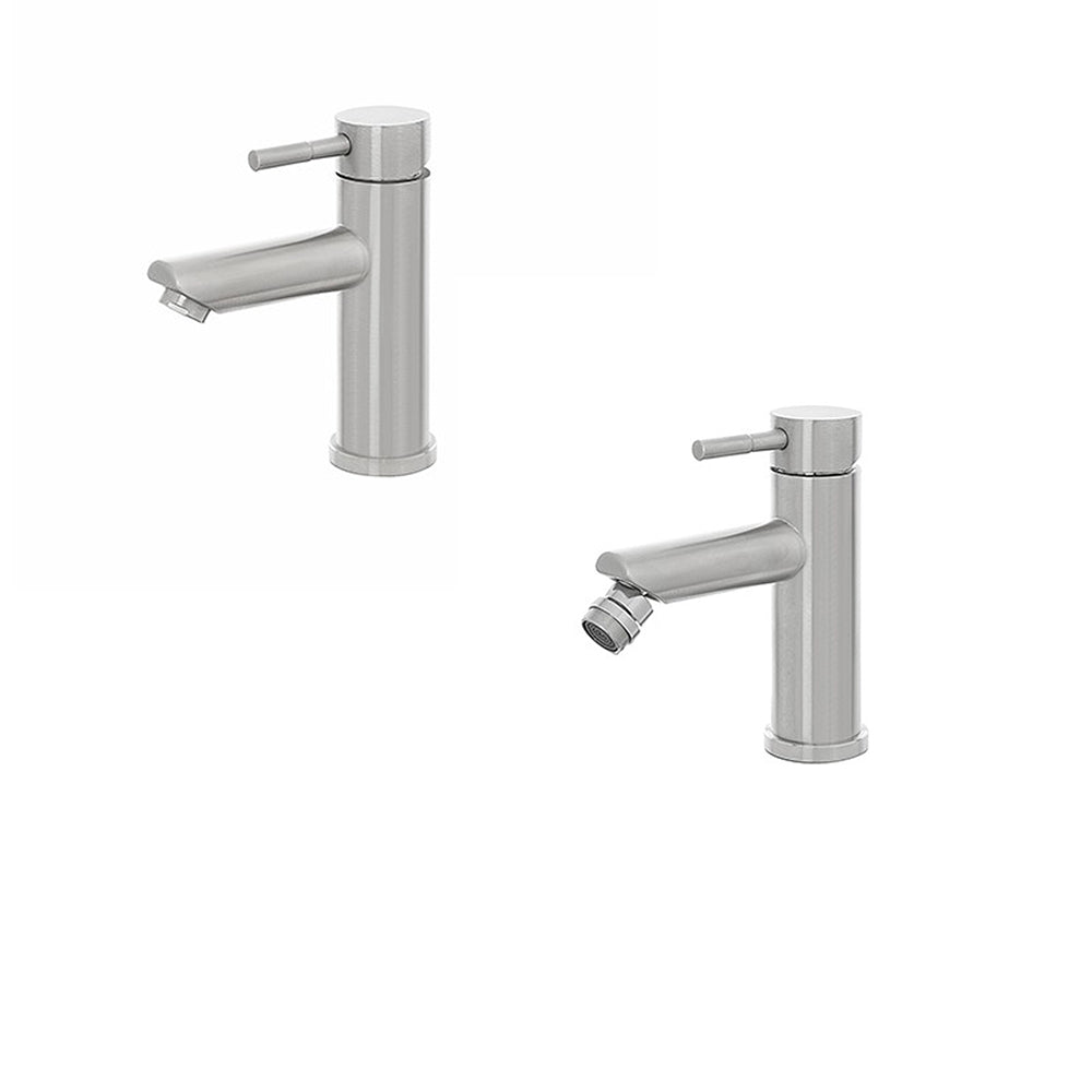 Kit miscelatore lavabo + bidet RubiFlux serie Paris Modello Gris in acciaio inox, con piletta clic-clac - Spazzolato