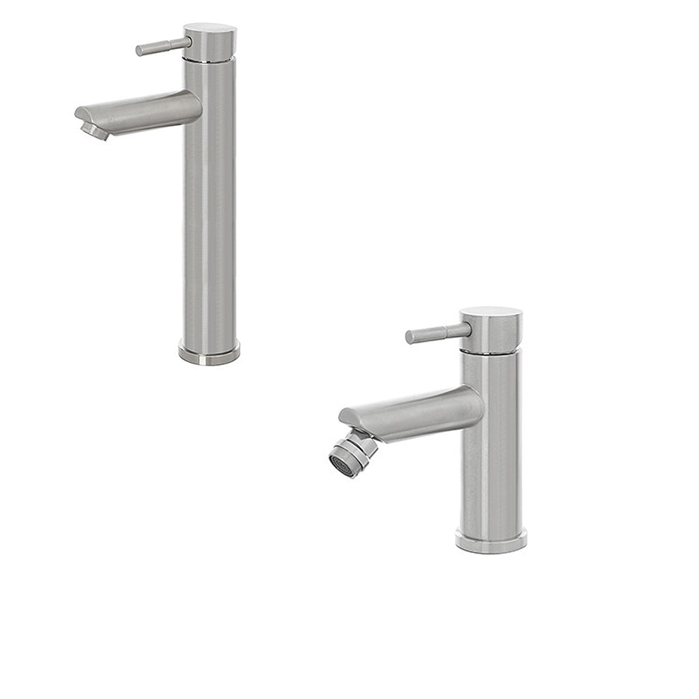 Kit miscelatore lavabo alto + bidet RubiFlux serie Paris Modello Gris in acciaio inox, con piletta clic-clac - Spazzolato