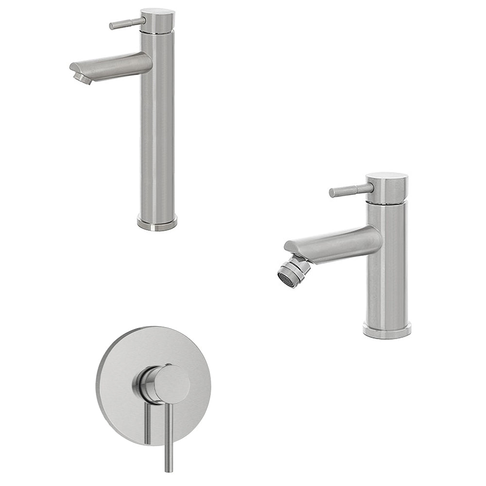 Kit miscelatore lavabo alto + bidet + doccia a una via RubiFlux serie Paris Modello Gris con piletta clic-clac Acciaio Inox - Spazzolato