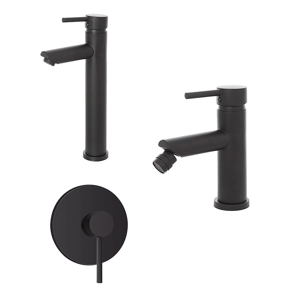 Kit miscelatore lavabo alto + bidet + doccia a una via RubiFlux serie Paris Modello Noir con piletta clic-clac - Nero Opaco