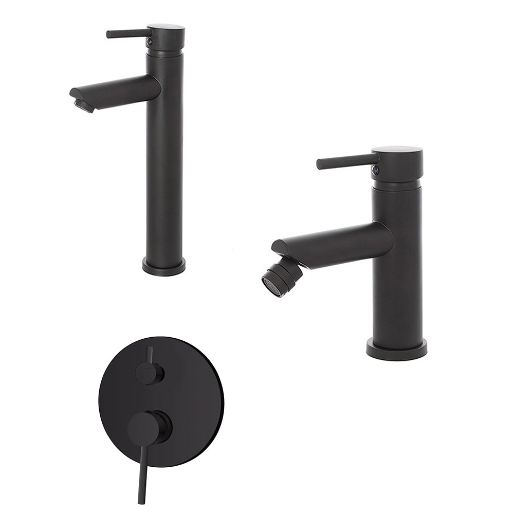 Kit miscelatore lavabo alto + bidet + doccia a due vie RubiFlux serie Paris Modello Noir con piletta clic-clac - Nero Opaco