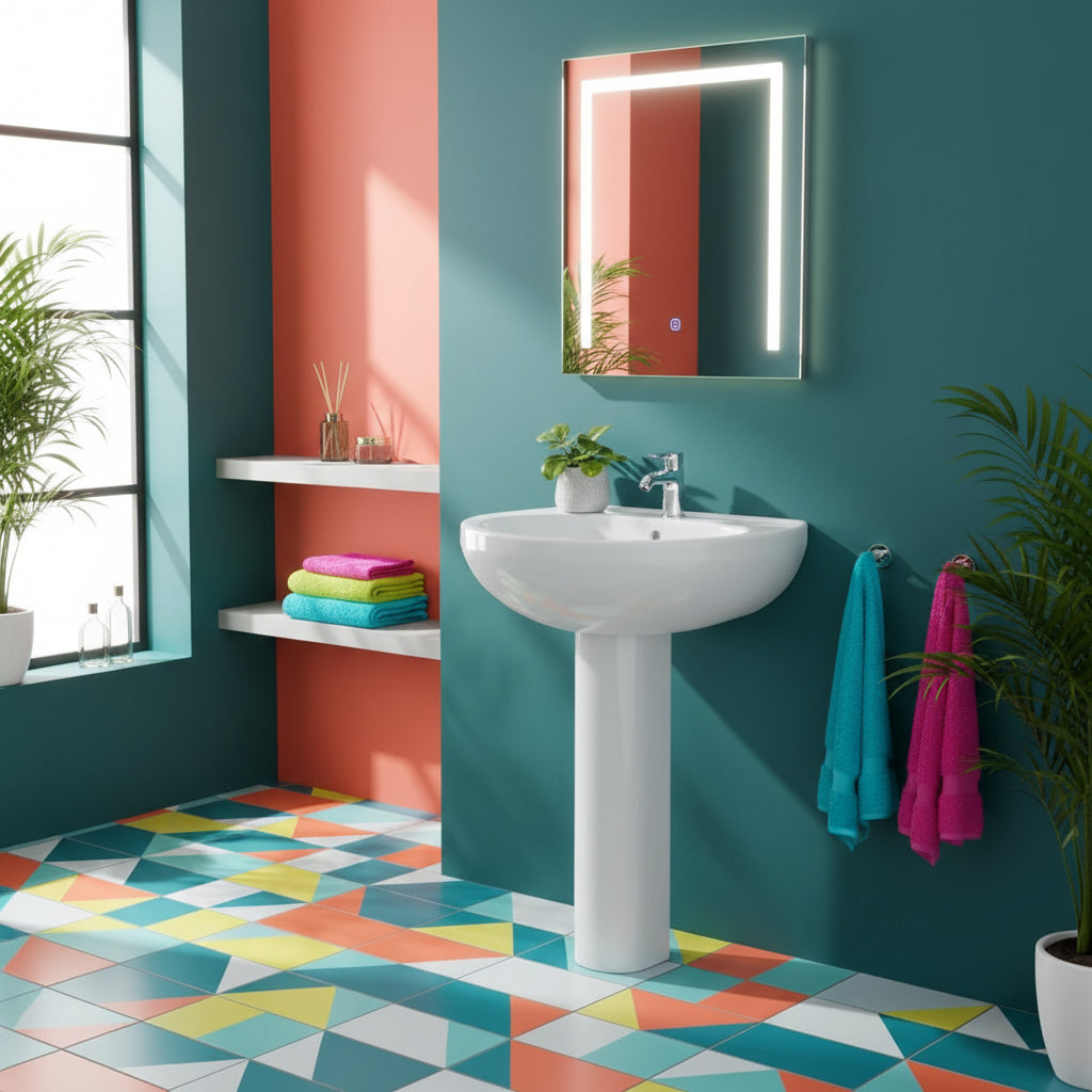 Lavabo bagno 55 cm con colonna H. 82 cm serie Orchidea in ceramica Bianca