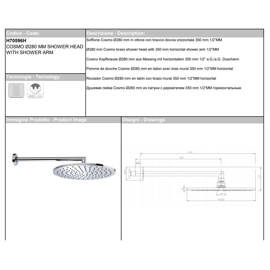 Soffione doccia diam. cm 28 in ottone Bossini Cosmo a un getto con kit duplex doccia Zen flessibile Cromolux by CeramicStore | Lo specialista del tuo bagno
