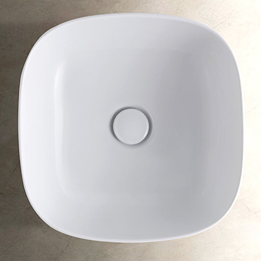 Lavabo quadrato con angoli tondi cm 42x42x16h. Installazione da appoggio. In ceramica bianca