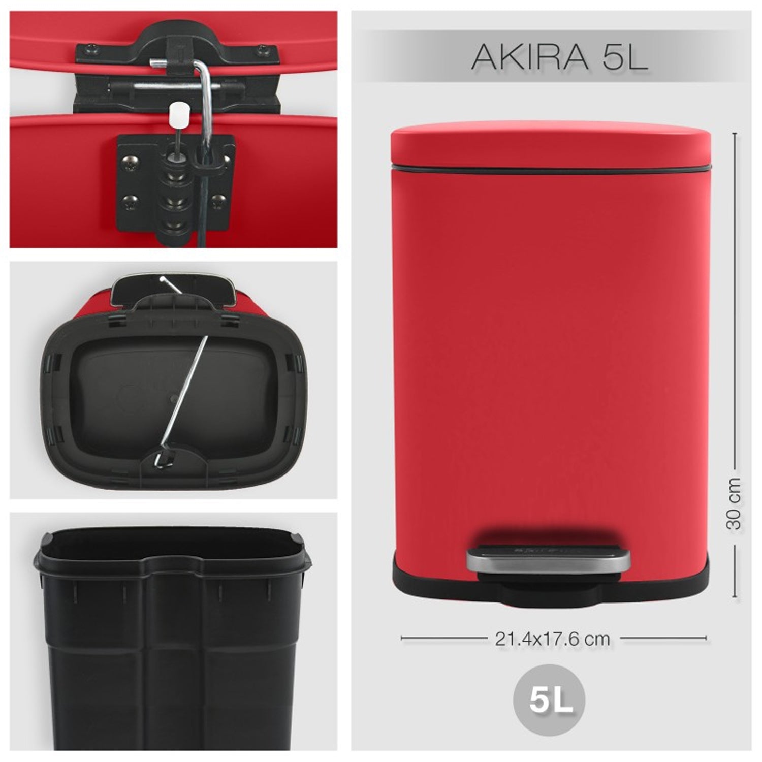 Pattumiera a pedale capacità 5L modello Akira - Rosso Matt