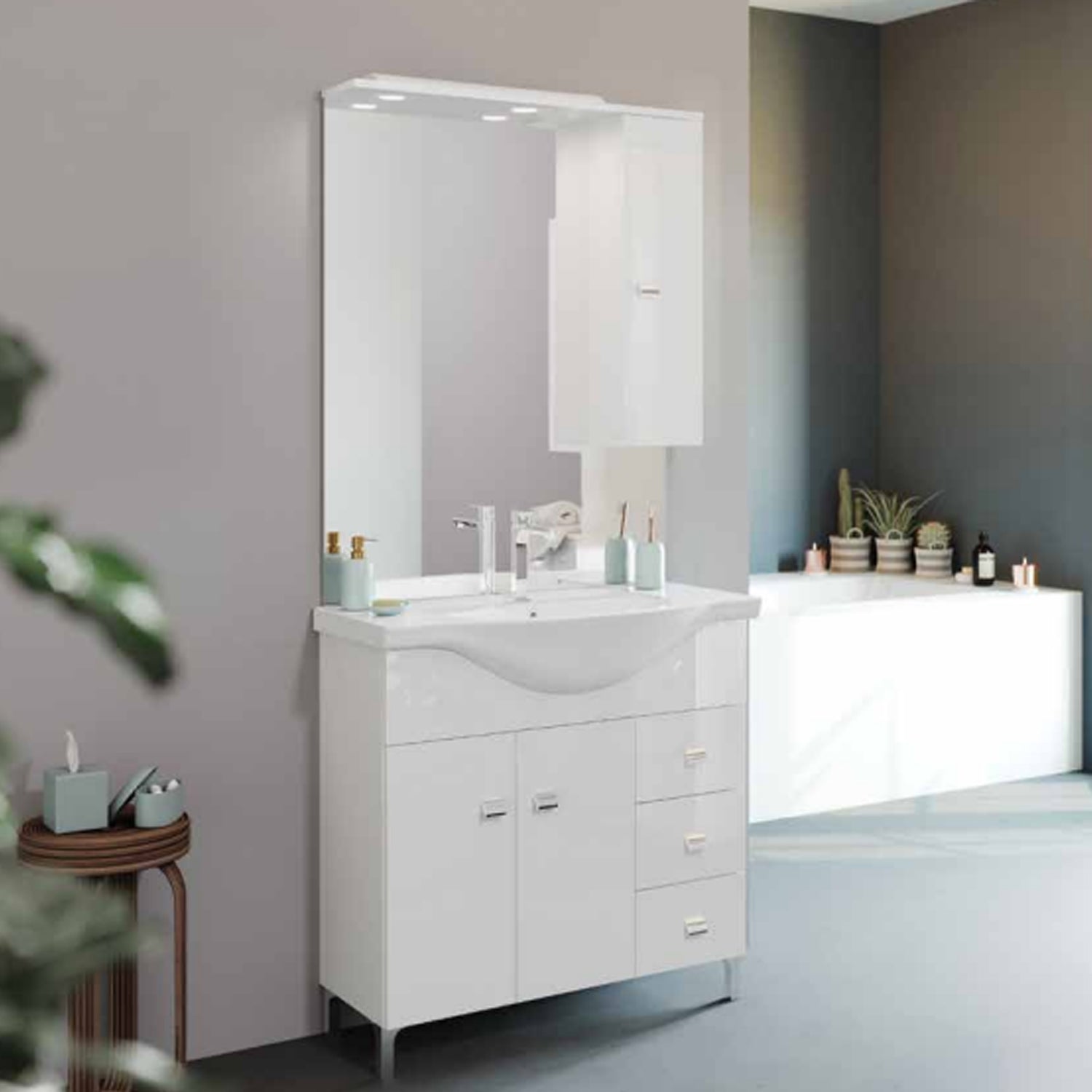 Mobile bagno con lavabo e specchio bianco lucido cm 86 by CeramicStore | Lo specialista del tuo bagno
