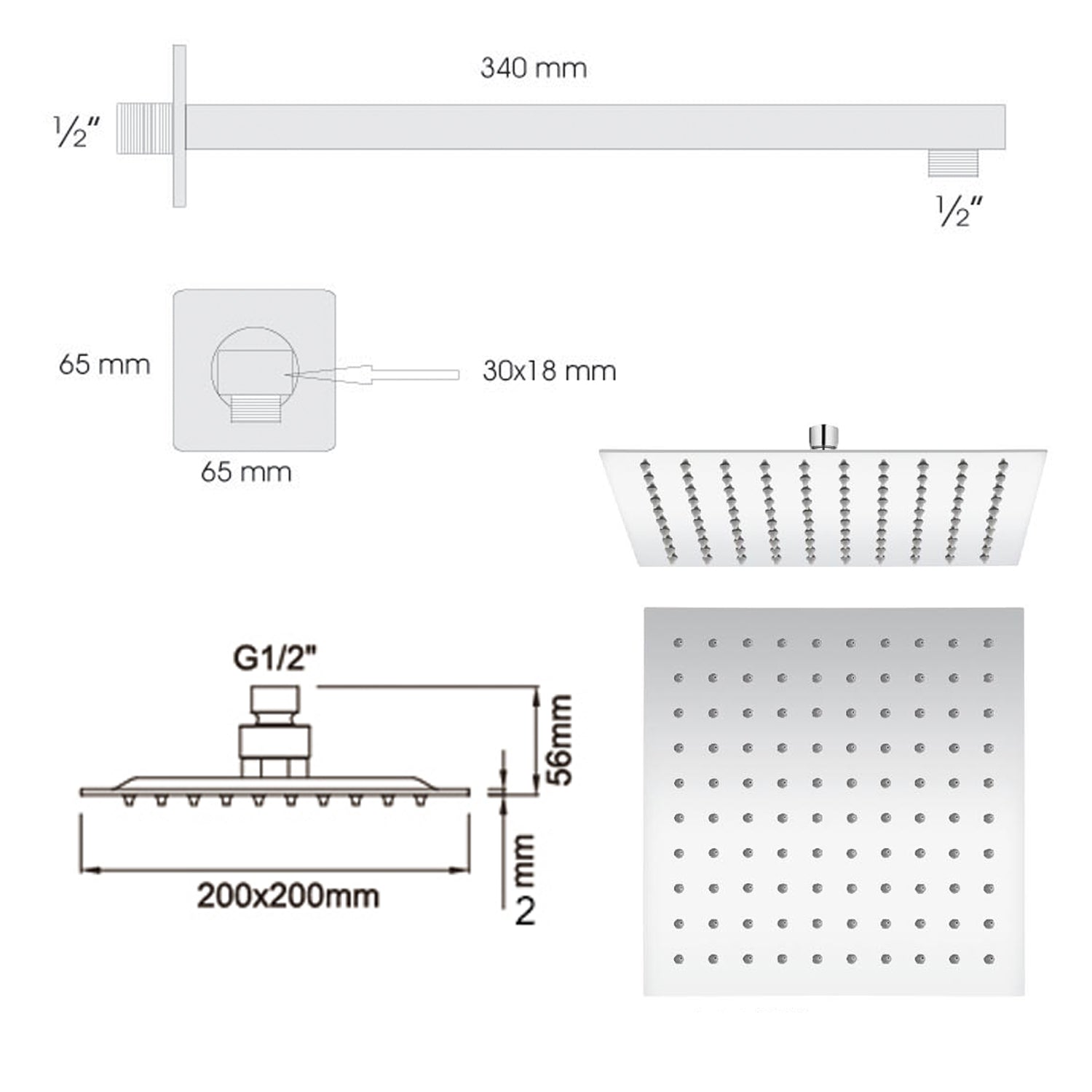 Soffione doccia quadrato ultraslim 20x20 + braccio doccia in acciaio inox lucidato di Ares by CeramicStore | Lo specialista del tuo bagno