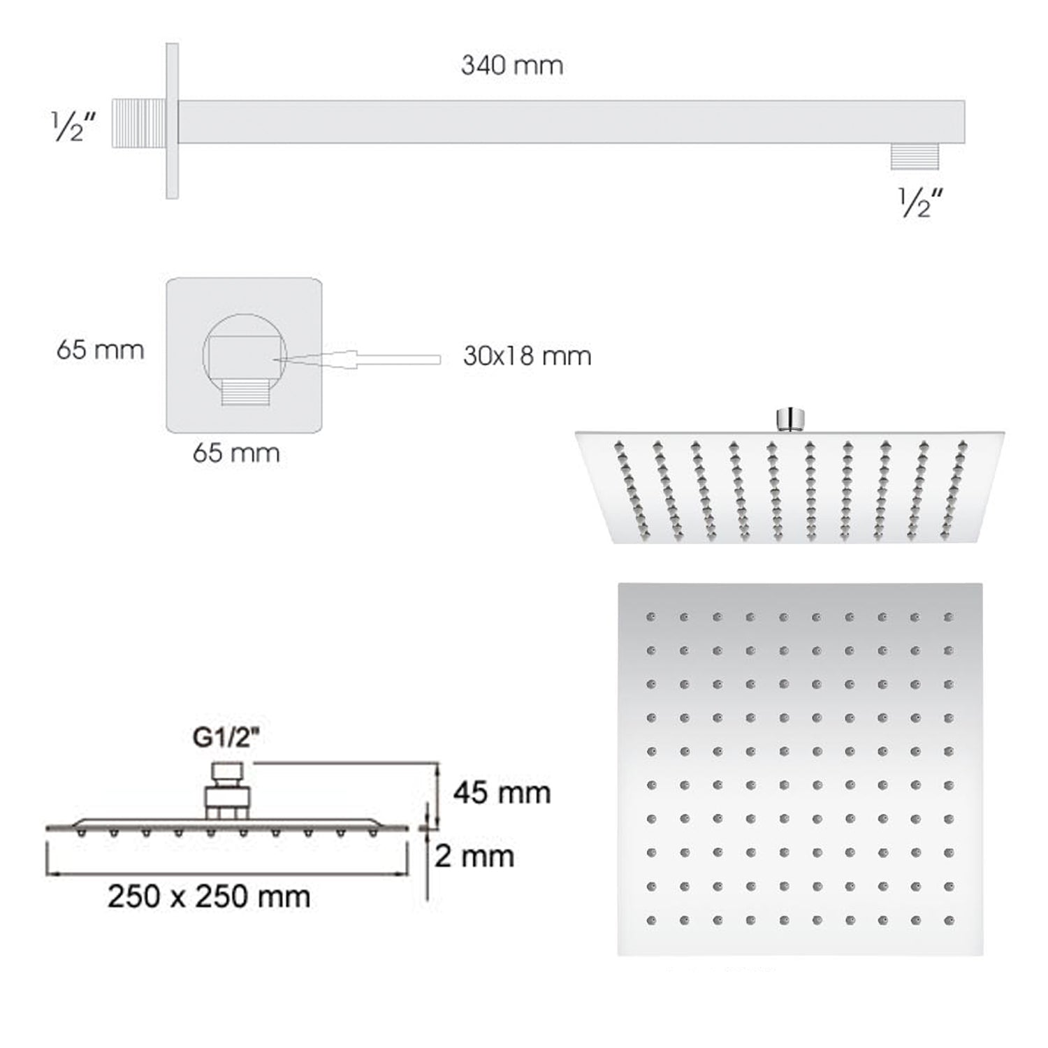 Soffione doccia quadrato ultraslim di Ares 25x25 con braccio doccia in acciaio inox lucidato by CeramicStore | Lo specialista del tuo bagno