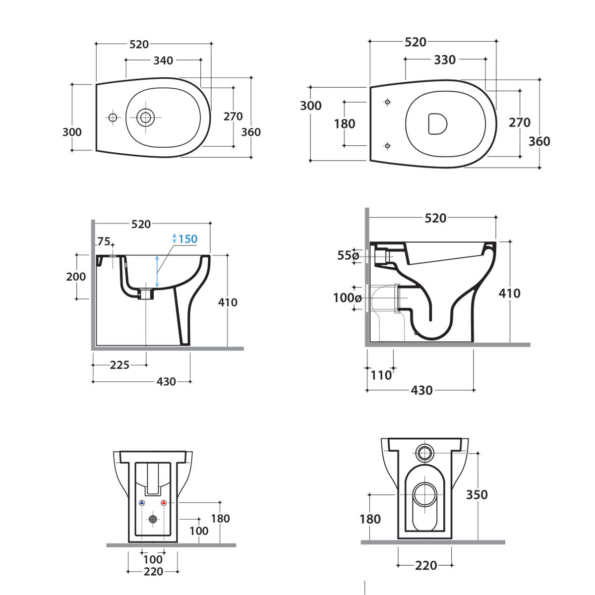 Set vaso a terra + bidet + coprivaso Ceramica Globo serie Grace 52x36xH43 cm – Bianco lucido
