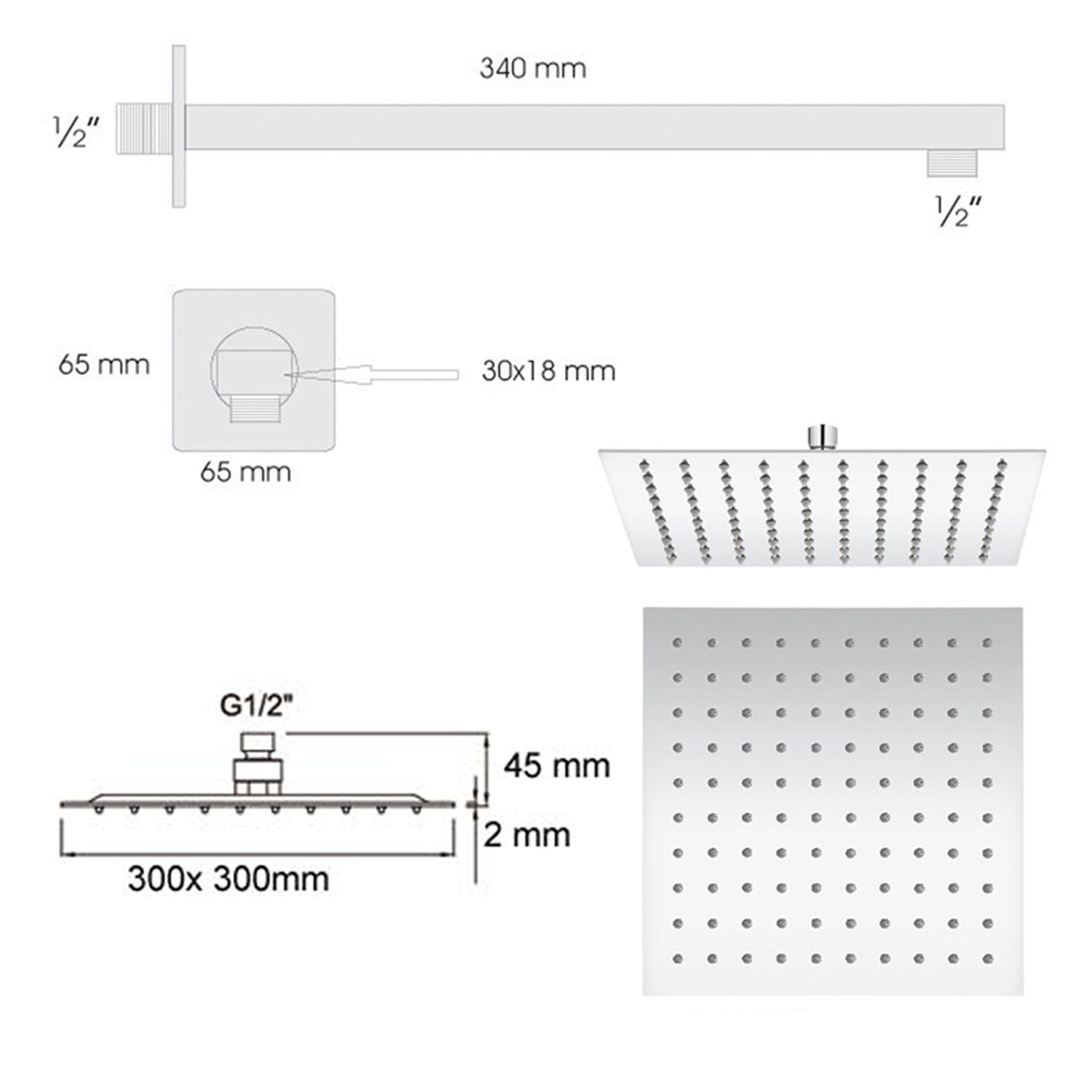Set doccia quadrato Ares con soffione 30x30 cm con braccio doccia e kit duplex by CeramicStore | Lo specialista del tuo bagno