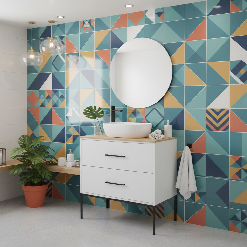 Mobile Sospeso 2 Cassetti 80 CM colore Bianco Opaco con lavabo e specchio tondo da 60 CM Venus