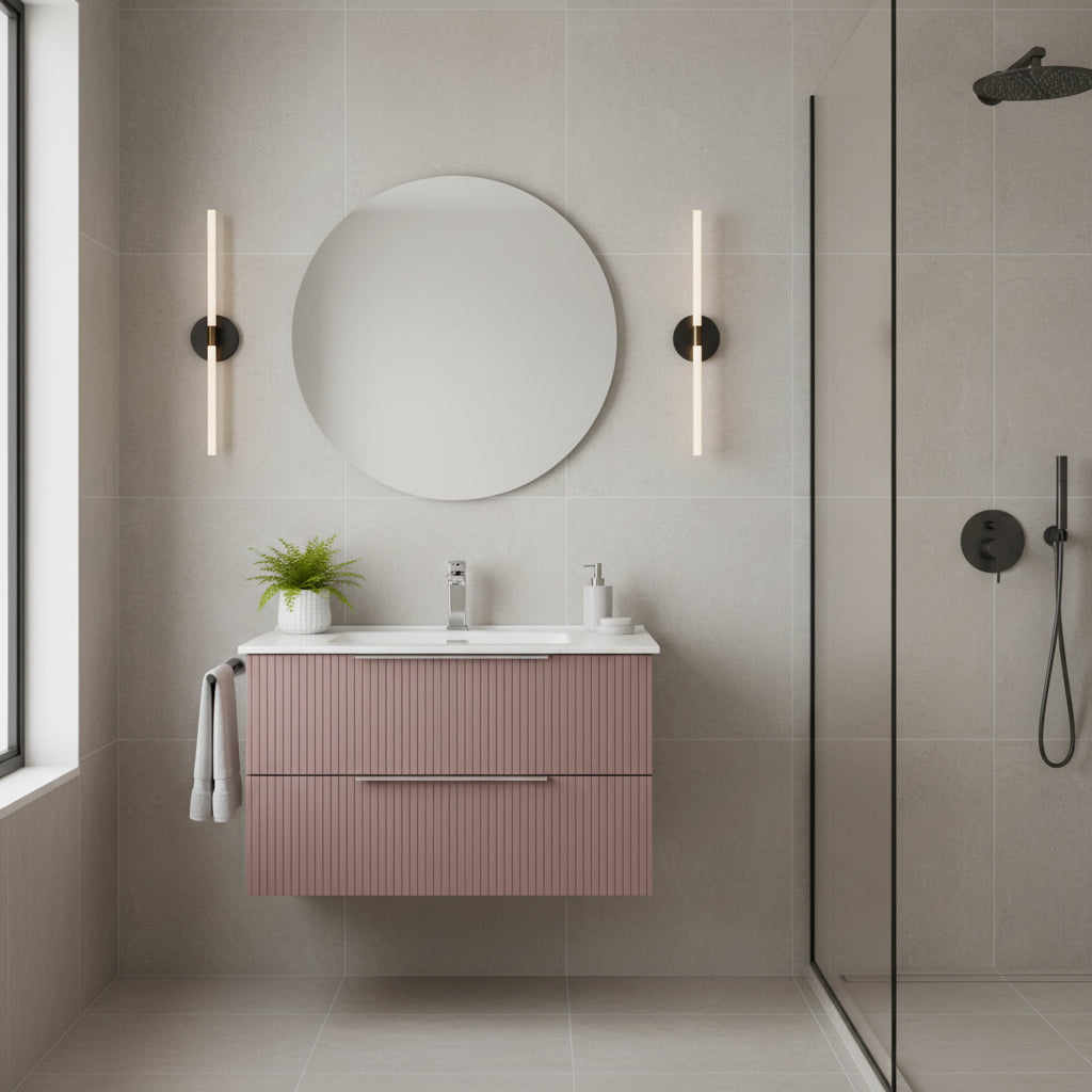 Mobile Sospeso da 80 cm Cannettato a 2 Cassetti da colore Rosa Collezione Rigo con specchio tondo