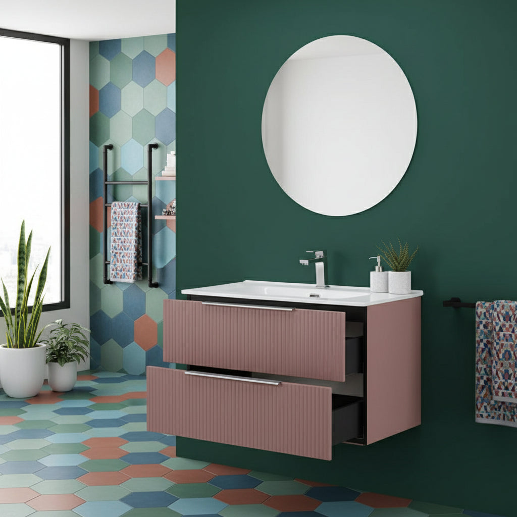 Mobile Sospeso da 80 cm Cannettato a 2 Cassetti da colore Rosa Collezione Rigo con specchio tondo
