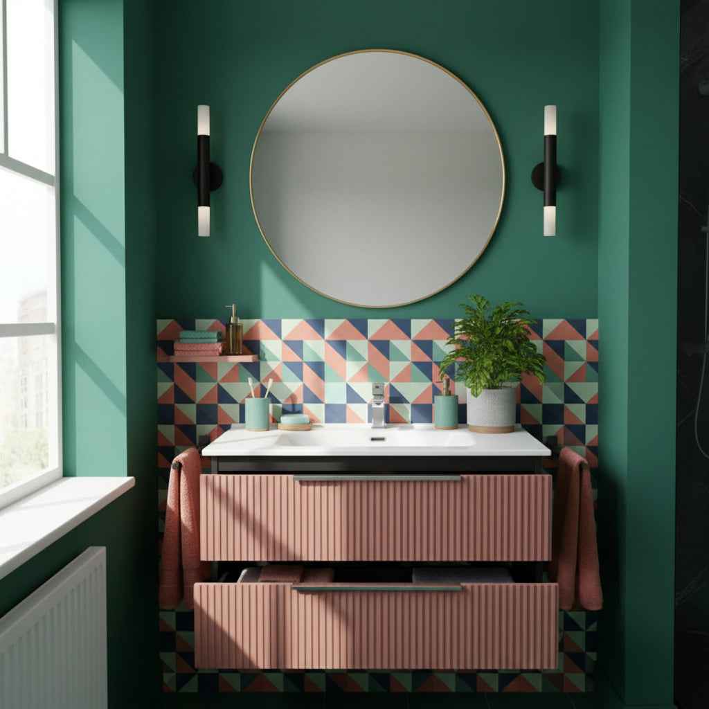 Mobile Sospeso da 80 cm Cannettato a 2 Cassetti da colore Rosa Collezione Rigo con specchio tondo