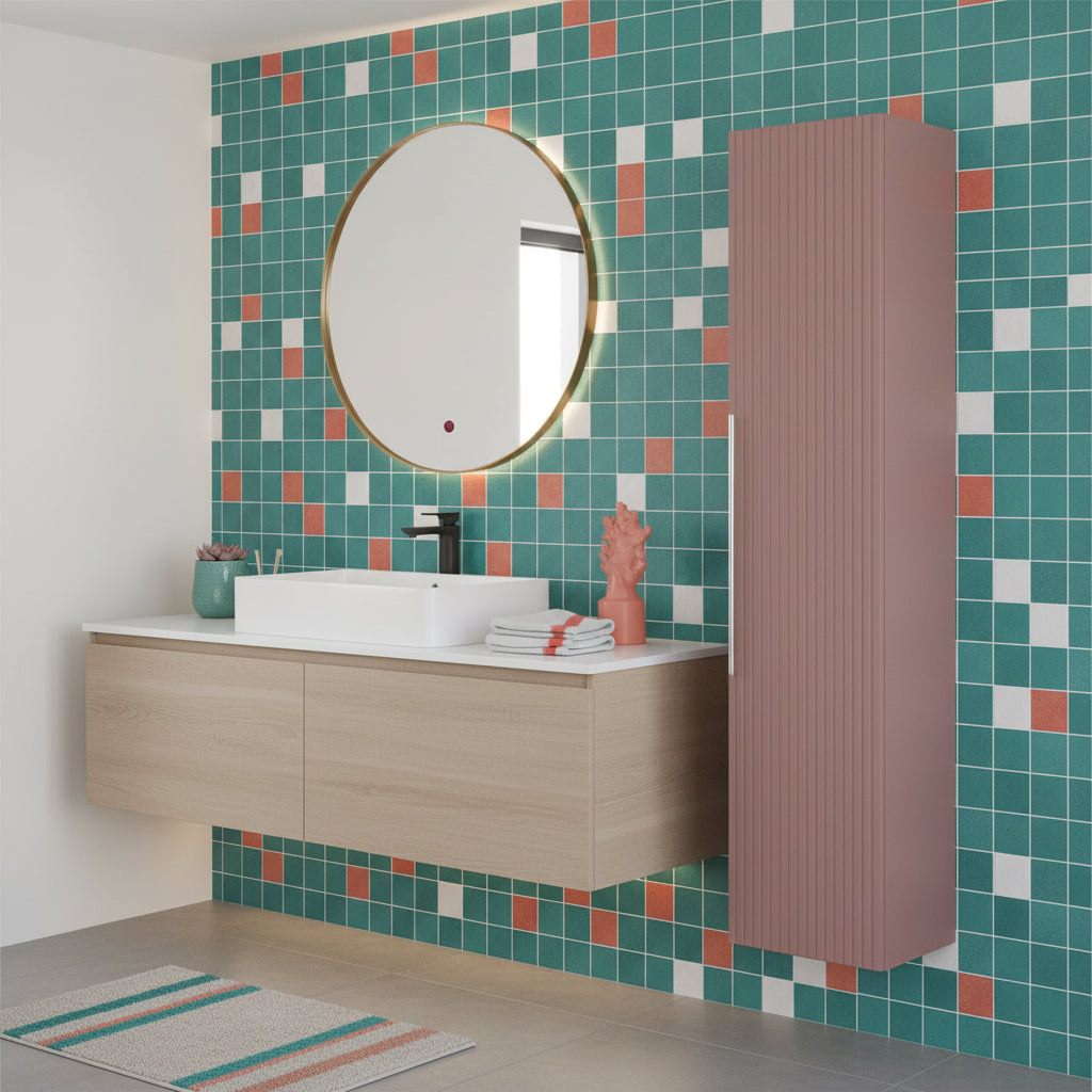 Colonna da bagno Collezione rigo con anta Cannettata CM 30*24*150 CM colore Rosa