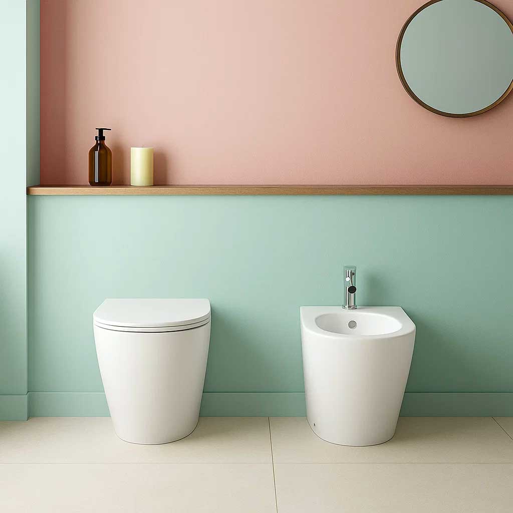 Sanitari moderni senza brida filo parete collezione Armonia con sedile Soft Close By Bathcore