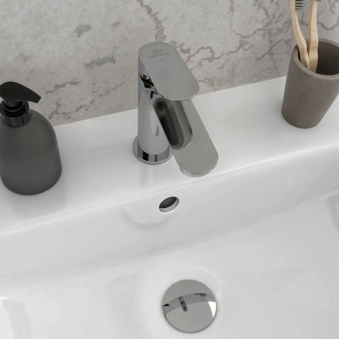 Miscelatore monocomando per lavabo altezza 18 cm cromato Ideal Standard Ceralife O con piletta click-clack e bluestart