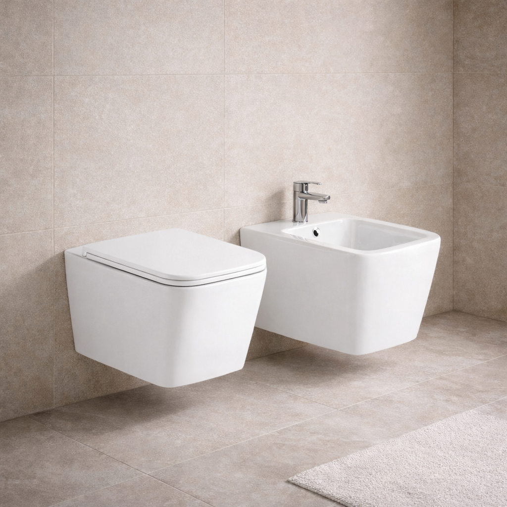 Coppia sanitari sospesi BathCore serie Etherea 52x36 cm - Vaso sospeso + bidet sospeso + copriwater