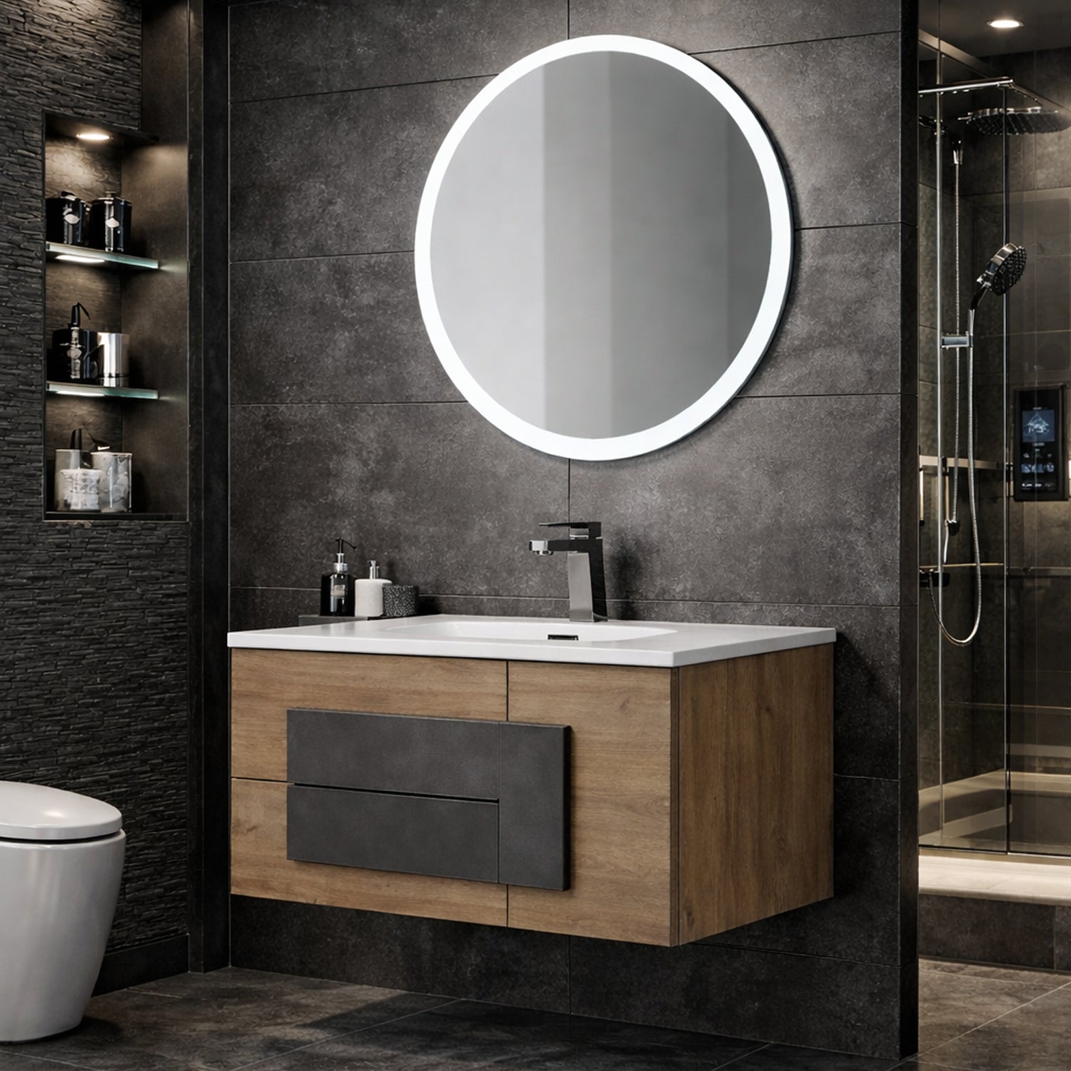 Mobile Bagno Sospeso con Consolle in Ceramica e Specchio Tondo – Collezione Metra