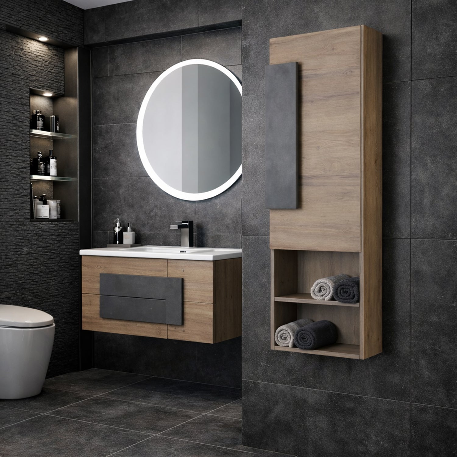 Mobile Bagno Sospeso con Consolle in Ceramica e Specchio Tondo – Collezione Metra