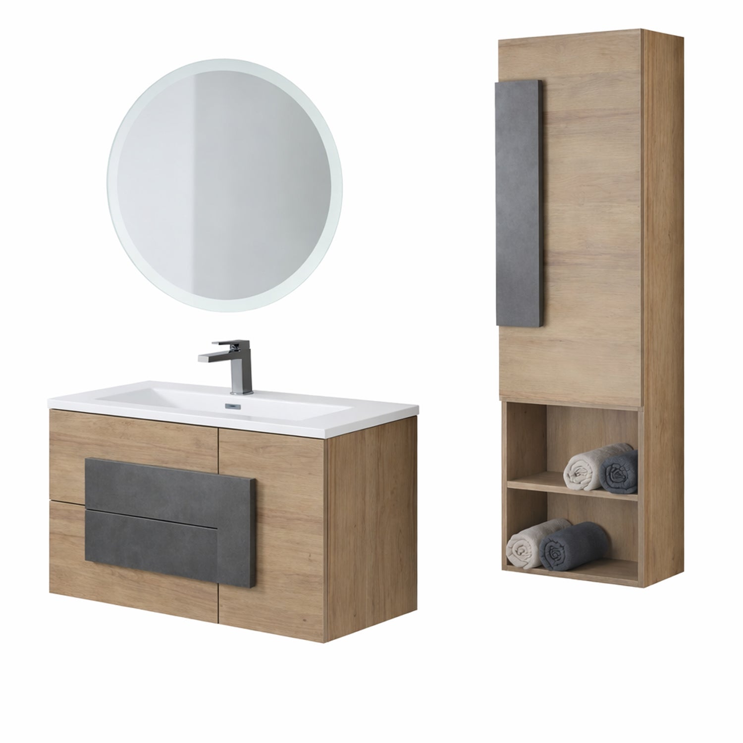 Mobile Bagno Sospeso con Consolle in Ceramica e Specchio Tondo – Collezione Metra
